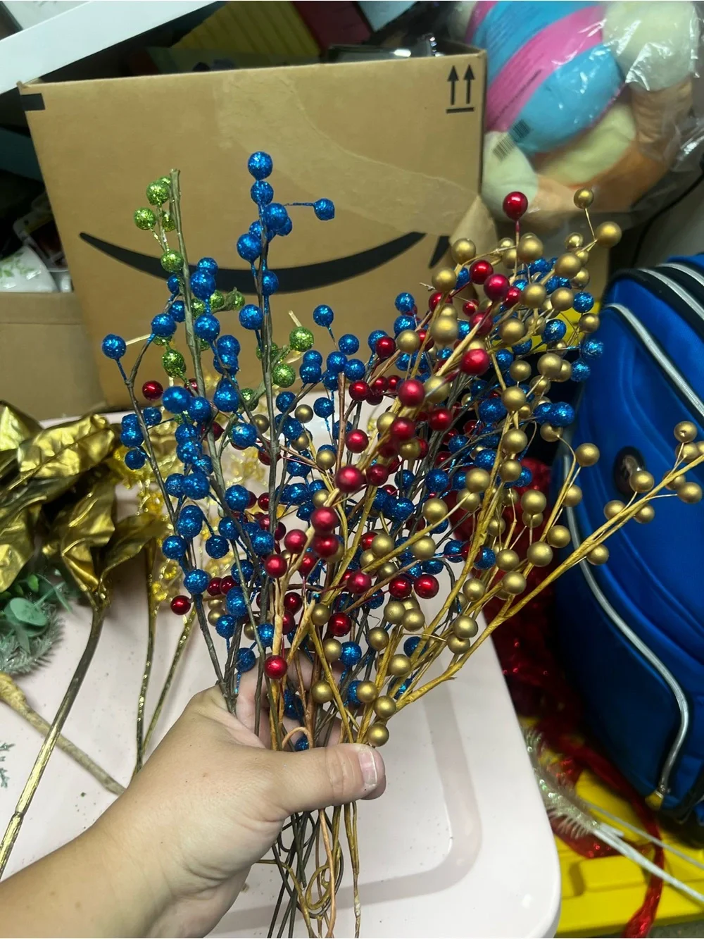 Decorative Holiday Berry and Leaf Stem Bundle - Gold, Green, Blue, Red
